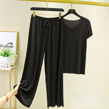 💖Limited Sale 50% OFF💖Soft Comfortable Ice Silk Short Sleeve T-Shirt Two Piece Set Loose Wide-leg Pants