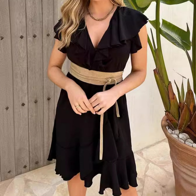 💖LAST DAY SALE 50% OFF💖Women's Elegant Waist Tie V-Neck Ruffle Dress