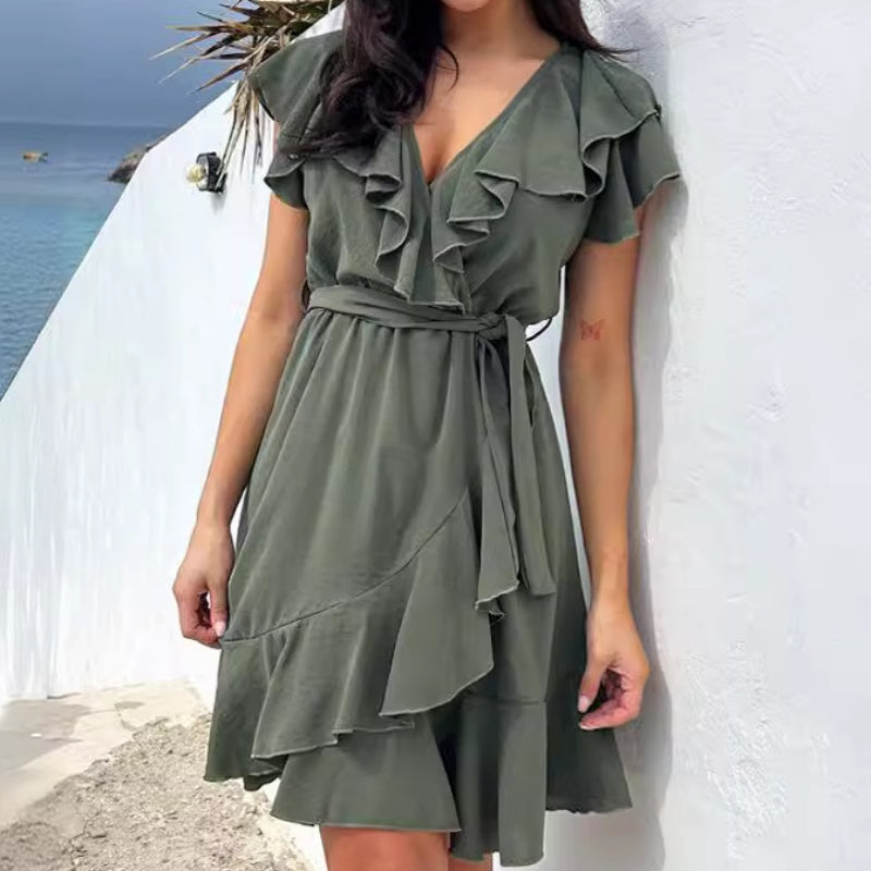 💖LAST DAY SALE 50% OFF💖Women's Elegant Waist Tie V-Neck Ruffle Dress