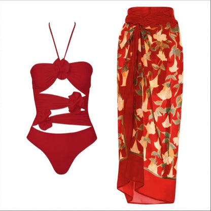 🔥Hot sale-50% Off🔥Women's Fashional Flower Prints One Piece Swimsuit and Skirt