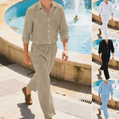 Men's Linen Long Sleeve Shirt & Long Pants 2-Piece Set
