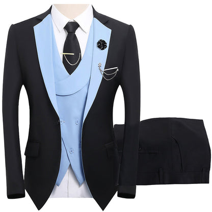 💎 50% OFF! 💎 Modern Contrast Color Wedding Suit – 3-Piece Slim-Fit Set in Bold Black & Light Blue (8 Colors!) 👔✨