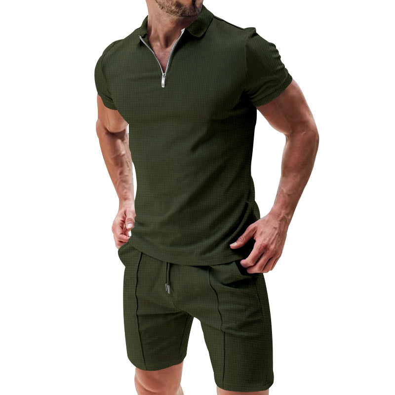 Summer Casual Zip-Neck Shirt & Shorts Set