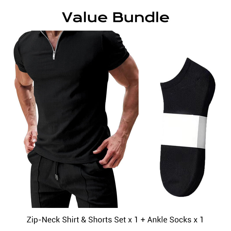 Summer Casual Zip-Neck Shirt & Shorts Set