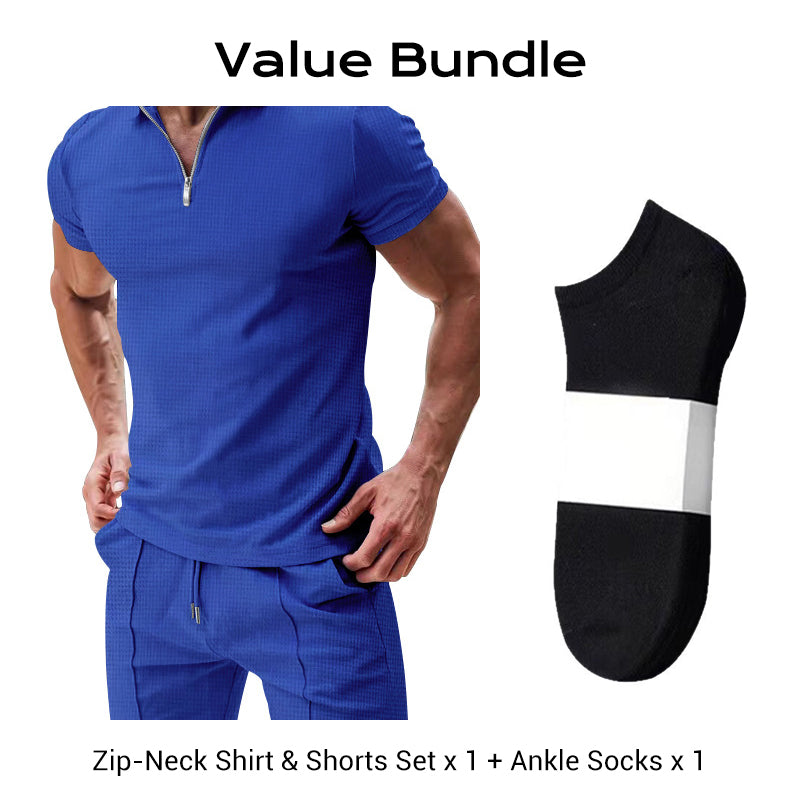 Summer Casual Zip-Neck Shirt & Shorts Set