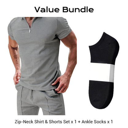 Summer Casual Zip-Neck Shirt & Shorts Set