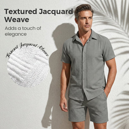 🥳2026 HOT SALE🥳💞50K+ SOLD!💥👴 🍻50% OFF! Men's Jacquard Shirt & Shorts Set – Easy-fit comfort for warm days! Breathable fabric, no ironing needed. Perfect for garden or seaside. ☀️🌿